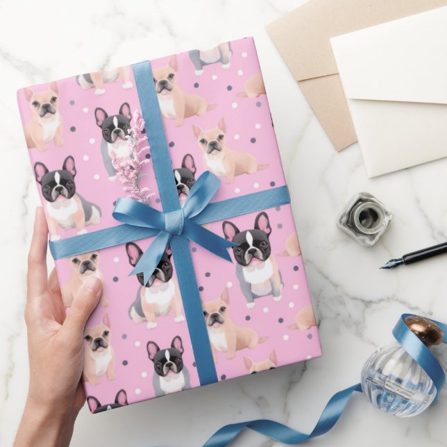 Niedlich Pink Polka Dot French Bulldog Wrapping Pa Geschenkpapier (Schenken)