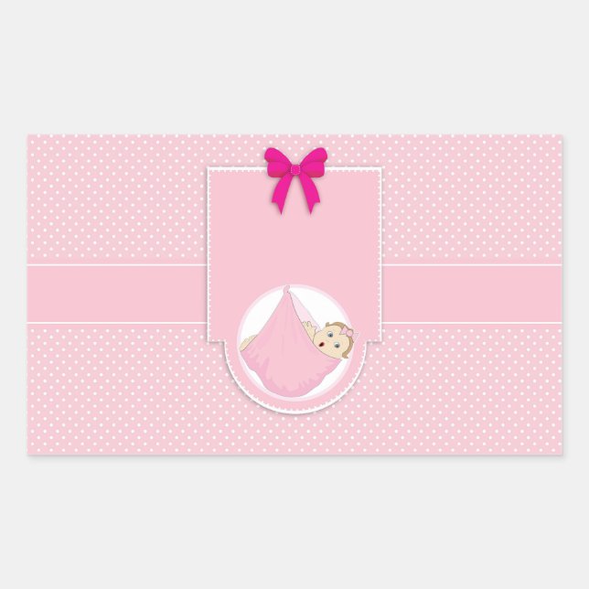 Niedlich Pink Polka Dots Girl Babydusche Einladung Rechteckiger Aufkleber (Vorderseite)