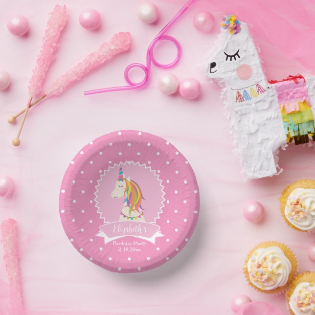 Niedlich Pink Polka Dots Magical Unicorn Girl Gebu Pappteller (Party)