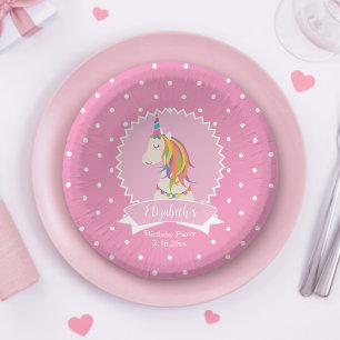 Niedlich Pink Polka Dots Magical Unicorn Girl Gebu Pappteller
