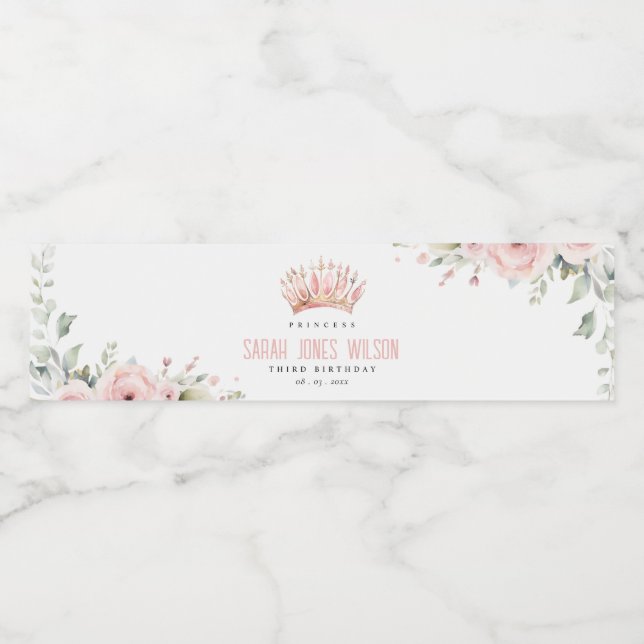 Niedlich Pink Princess Crown Tiara Floral Geburtst (Einzelnes Label)
