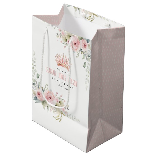 Niedlich Pink Princess Crown Tiara Floral Geburtst Mittlere Geschenktüte (Vorderseite Schrägansicht)