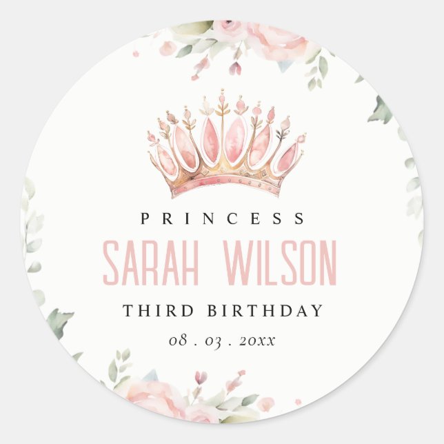 Niedlich Pink Princess Crown Tiara Floral Geburtst Runder Aufkleber (Vorderseite)