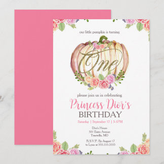 Niedlich Pink Pumpkin Blume Wasserfarbe 1. Geburts Einladung