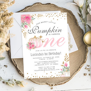 Niedlich Pink Pumpkin Floral 1. Geburtstag Einladu Einladung