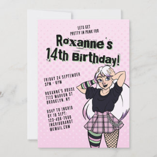 Niedlich Pink Punk Cartoon Teen Girl 14. Geburtsta Einladung