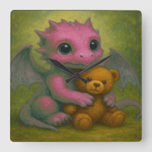 Niedlich Pink Puppy Mit Augen Baby Dragon mit Tedd Quadratische Wanduhr