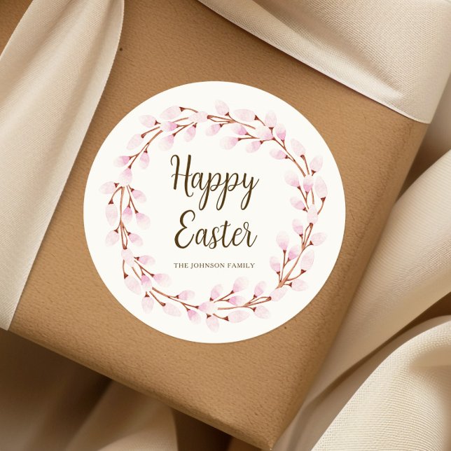 Niedlich Pink Pussy Willow Happy Oaster Runder Aufkleber (Cute Pink Pussy Willow Happy Easter Classic Round Sticker)