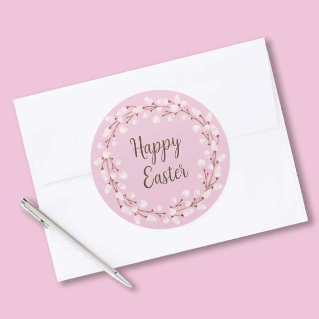 Niedlich Pink Pussy Willow Happy Oaster Runder Aufkleber (Cute Pink Pussy Willow Happy Easter Classic Round Sticker)