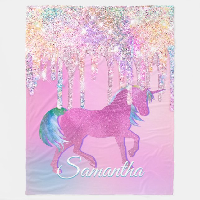 Niedlich Pink Rainbow Einhorn Glitzer Tropfen Mono Fleecedecke (Vorderseite)
