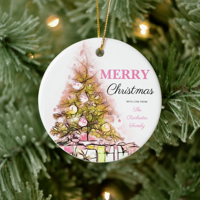 Niedlich Pink Retro Frohe Weihnachtsbaum Foto Keramik Ornament (Baum)