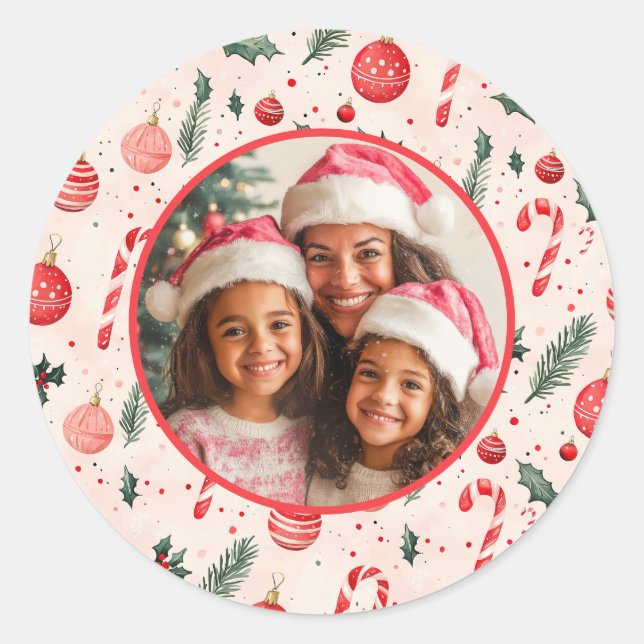 Niedlich Pink Rot Foto Weihnachten Runder Aufkleber (Vorderseite)