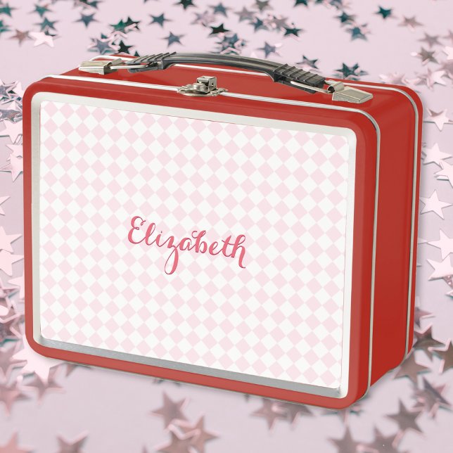 Niedlich Pink Scheckte Mit Monogramm Mädchen Kinde Metall Brotdose (Cute Pink Checkered Monogrammed Girls Kids School Metal Lunch Box)