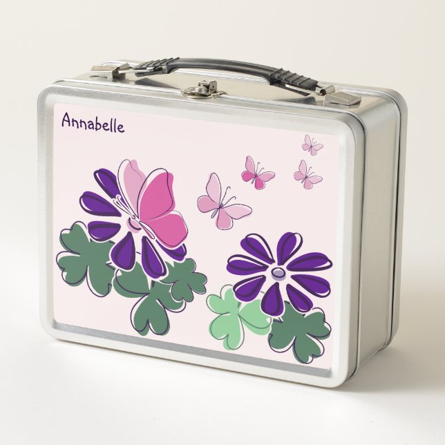 Niedlich Pink Schmetterlinge Grüne Lila Blume Dood Metall Brotdose (Vorderseite)