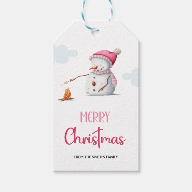 Niedlich Pink Snowman Frohe Weihnachten Geschenkanhänger (Vorderseite)