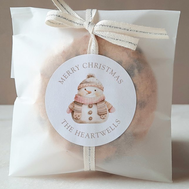 Niedlich Pink Snowman Personalisiert Frohe Weihnac Runder Aufkleber (Von Creator hochgeladen)