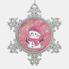 Niedlich Pink Snowman Personalisierter Name Schneeflocken Zinn-Ornament