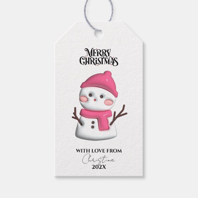 Niedlich Pink Snowman Weihnachten Geschenkanhänger (Vorderseite)
