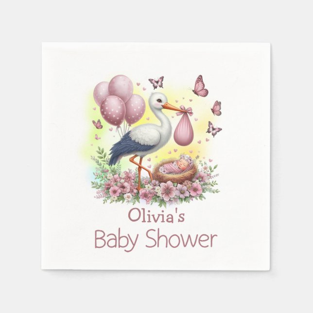 Niedlich Pink Stork Girl Babydusche Napkins Serviette (Vorderseite)