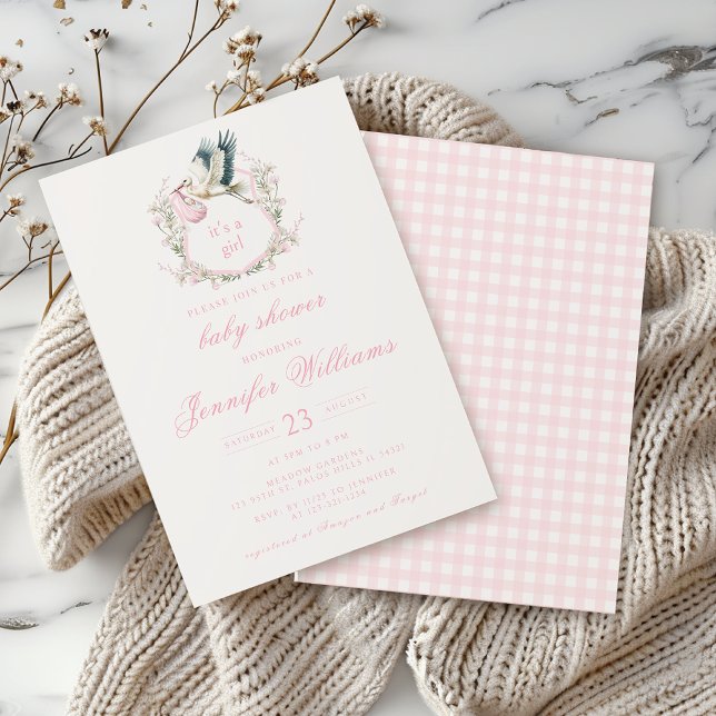 Niedlich Pink Stork Wappen Baby Dusche Mädchen Ein Einladung (Von Creator hochgeladen)