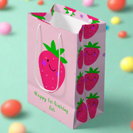 Niedlich Pink Strawberries 1. Geburtstagskindermäd Mittlere Geschenktüte