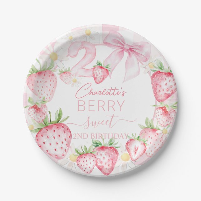 Niedlich Pink Strawberries Berry Sweet 2. Geburtst Pappteller (Vorderseite)