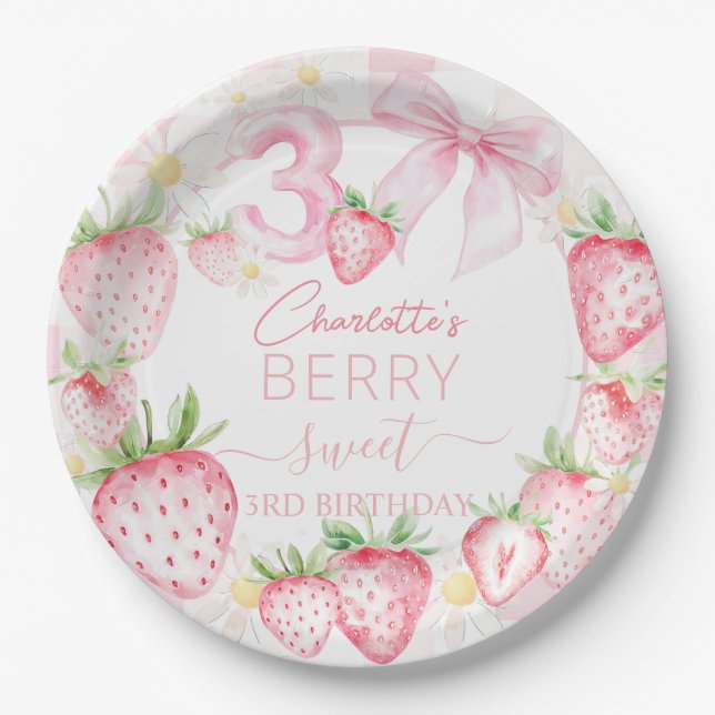 Niedlich Pink Strawberries Berry Sweet 3. Geburtst Pappteller (Vorderseite)