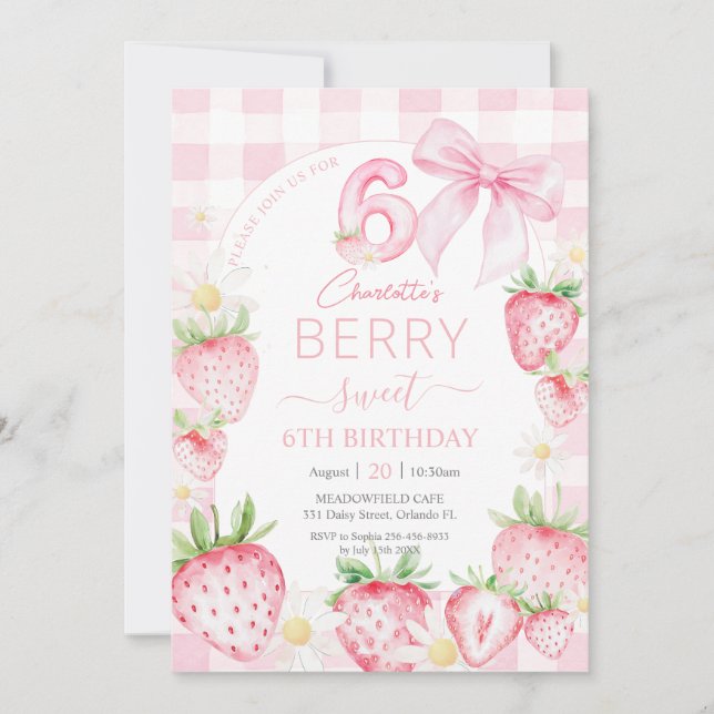 Niedlich Pink Strawberries Berry Sweet 6. Geburtst Einladung (Vorderseite)