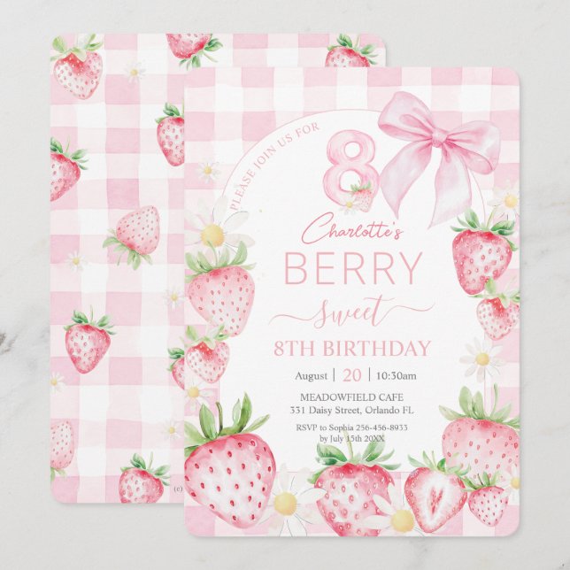 Niedlich Pink Strawberries Berry Sweet 8. Geburtst Einladung (Vorne/Hinten)
