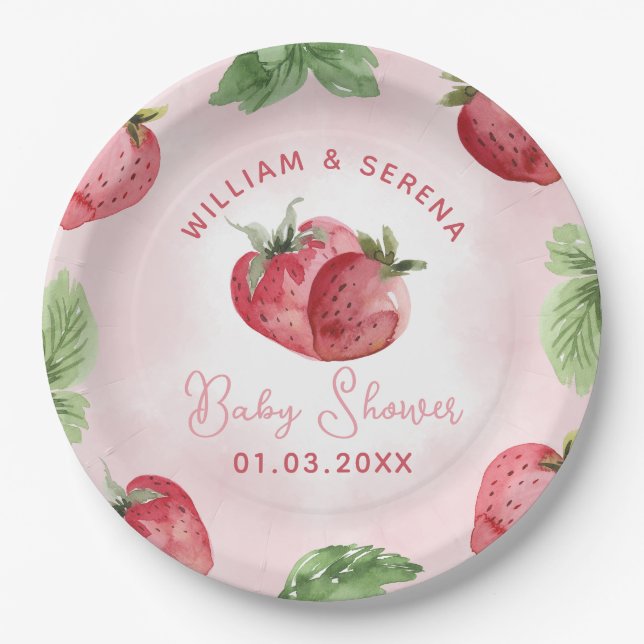 Niedlich Pink Strawberry Baby Dusche Pappteller (Vorderseite)