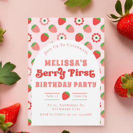 Niedlich Pink Strawberry Berry Erster Geburtstag Einladung