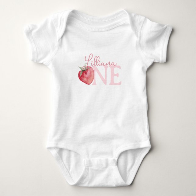 Niedlich Pink Strawberry Birthday Girl ONE Baby Strampler (Vorderseite)