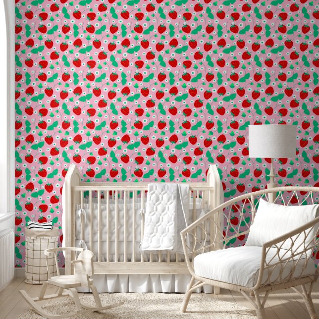 Niedlich Pink Strawberry & Daisy Pattern Kinder Ki Tapete (Kinder)