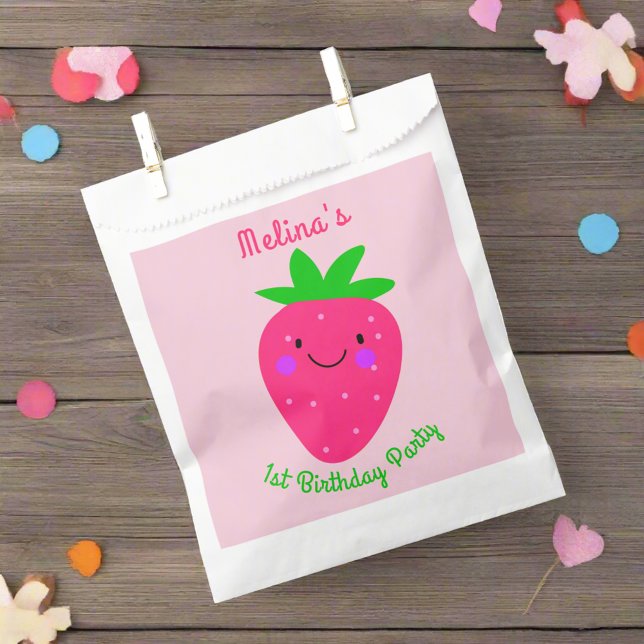 Niedlich Pink Strawberry Girl 1. Geburtstag Party Geschenktütchen (Von Creator hochgeladen)