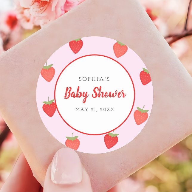 Niedlich Pink Strawberry Girl Baby Dusche Gefallen Runder Aufkleber (Von Creator hochgeladen)