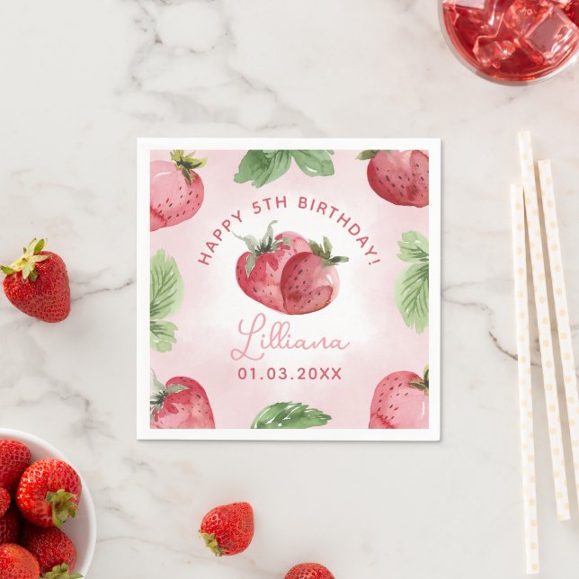 Niedlich Pink Strawberry Happy Birthday Paper Napk Serviette (Beispiel)