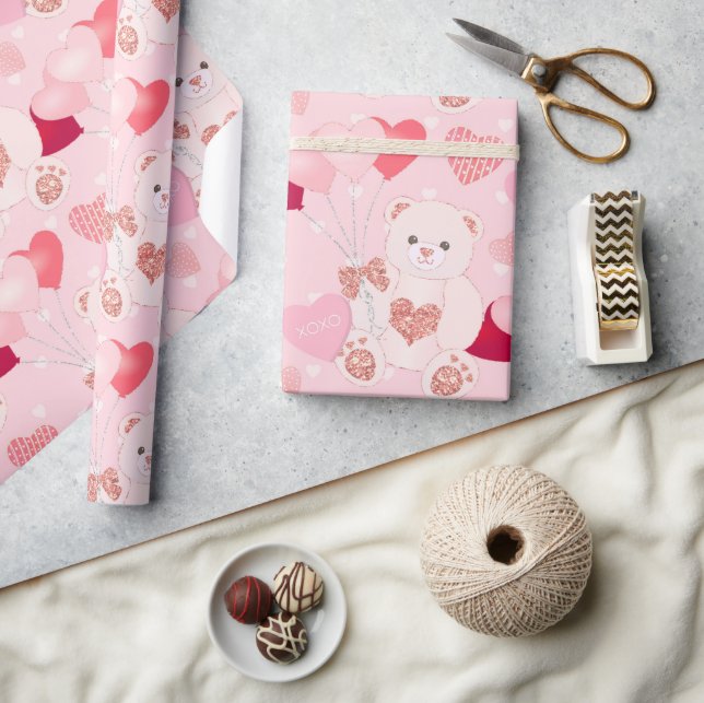 Niedlich Pink Teddy Bär Ballon Herz Valentinstag Geschenkpapier (Kunsthandwerk)