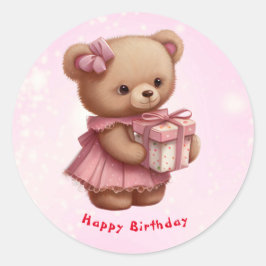 Niedlich Pink Teddy Bär Geburtstag Personalisiert Runder Aufkleber