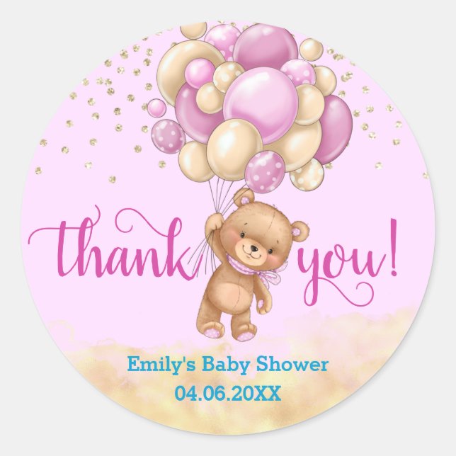 Niedlich Pink Teddy Bären Ballon Danke Baby Dusche Runder Aufkleber (Vorderseite)