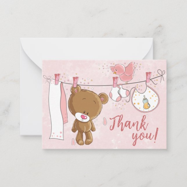 Niedlich Pink Teddy Bear Baby Dusche Danke Mitteilungskarte (Vorderseite)