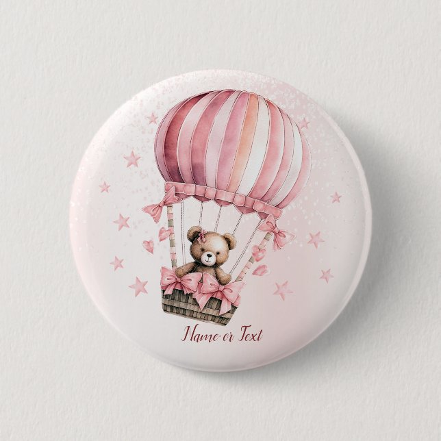 Niedlich Pink Teddy Bear Heißluftballon Party Button (Vorderseite)