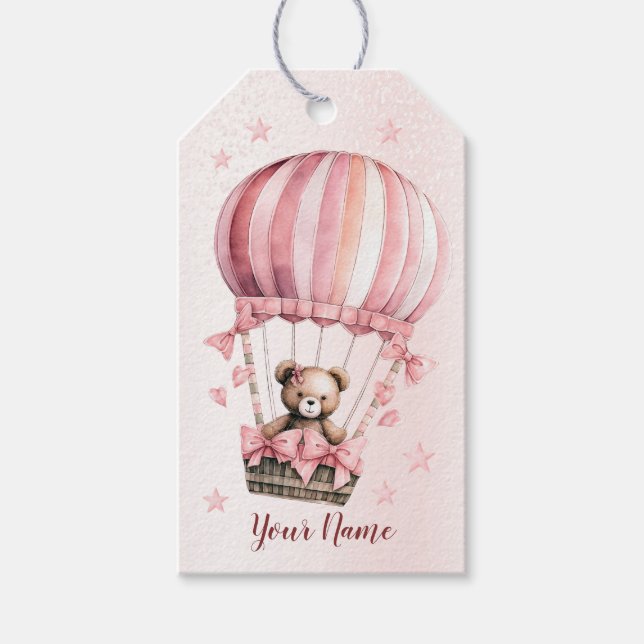 Niedlich Pink Teddy Bear Heißluftballon Party Geschenkanhänger (Vorderseite)