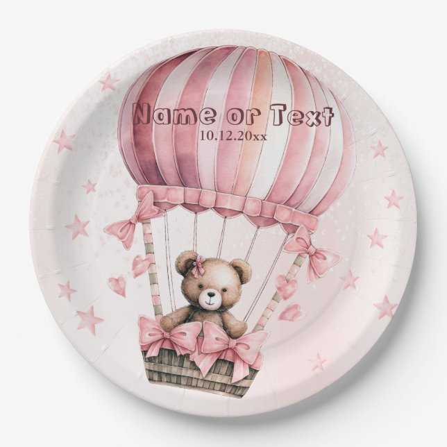 Niedlich Pink Teddy Bear Heißluftballon Party Pappteller (Vorderseite)