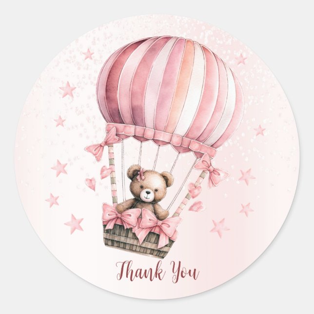 Niedlich Pink Teddy Bear Heißluftballon Party Runder Aufkleber (Vorderseite)