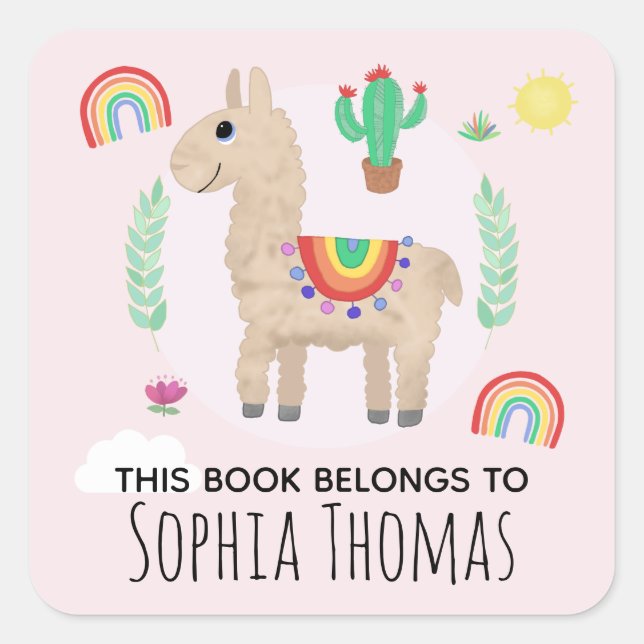 Niedlich Pink 'This Book Belongs' Llama Kids Buchz Quadratischer Aufkleber (Vorderseite)