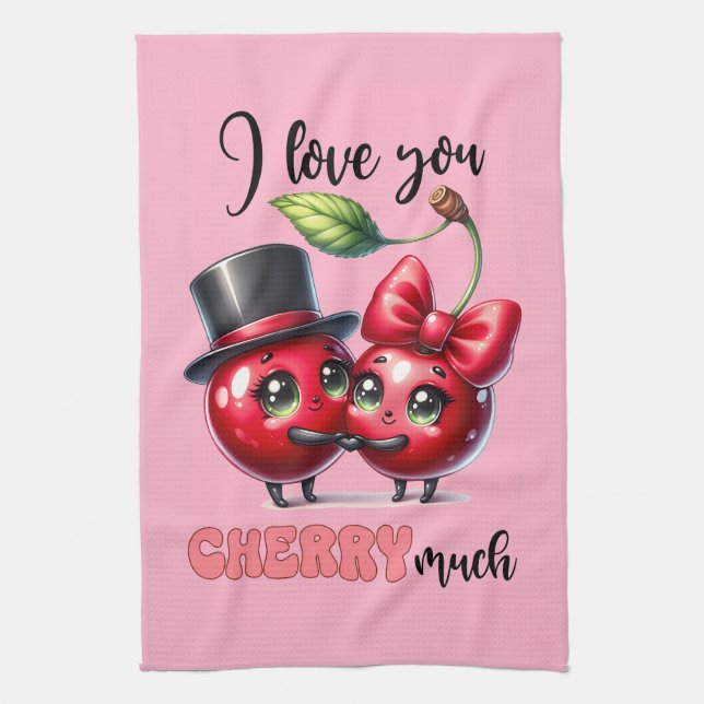 Niedlich Pink Trendy Red Cherry Couple Geschirrtuch (Vertikal)