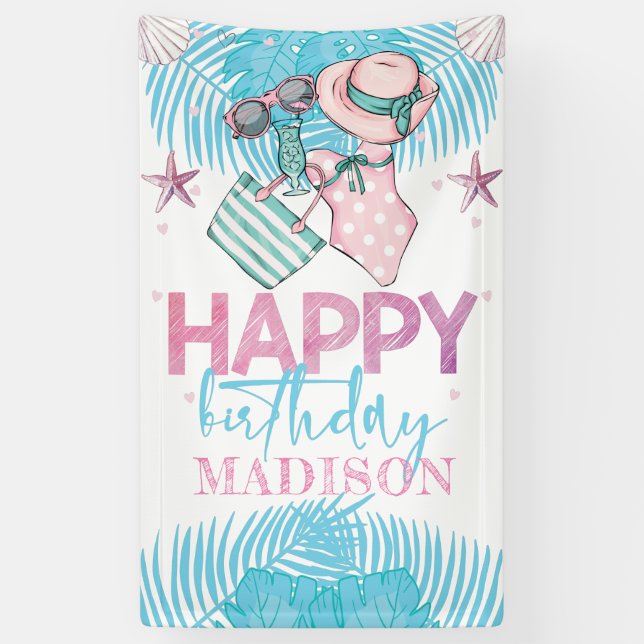 Niedlich-Pink-Türkis-Sommer-Pool Geburtstag Banner (Vertikal)