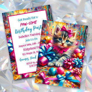 Niedlich Pink und Blue Kitten Girl's Geburtstag Einladung