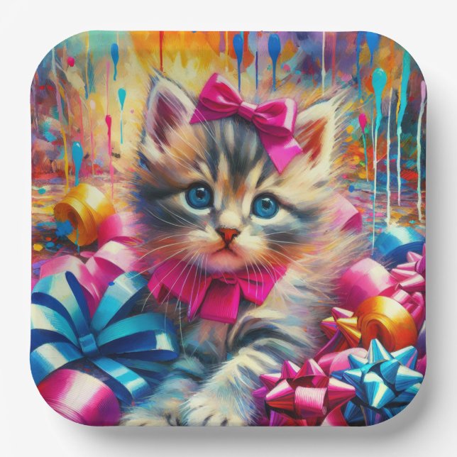Niedlich Pink und Blue Kitten Girl's Geburtstag Pappteller (Vorderseite)