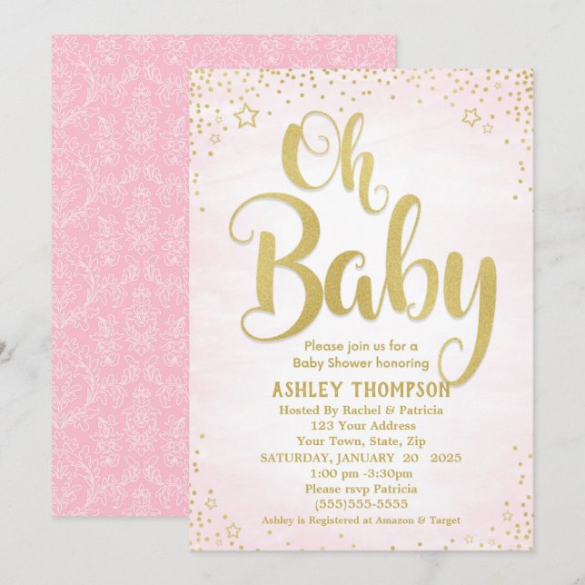 Niedlich Pink und Gold Oh Baby Stars Kinderdusche Einladung (Vorne/Hinten)